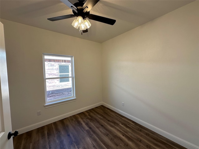 unfurnished room featuring ceiling fan and dark hardwood / wood-style floors