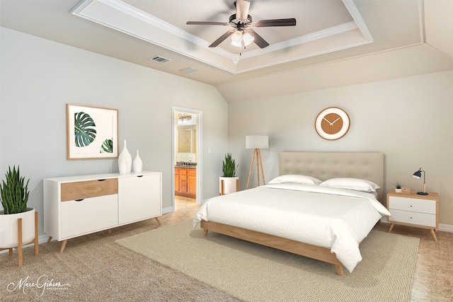 bedroom featuring carpet, ensuite bathroom, a raised ceiling, ceiling fan, and ornamental molding