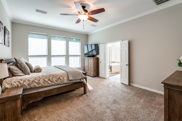 carpeted bedroom with ceiling fan, connected bathroom, and ornamental molding