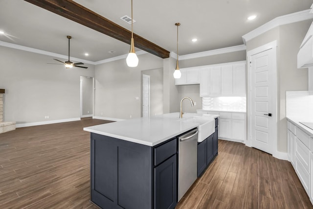 kitchen featuring stainless steel dishwasher, ceiling fan, dark wood-type flooring, sink, and white cabinets