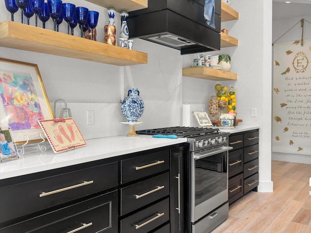 kitchen with high end stainless steel range oven and light hardwood / wood-style floors