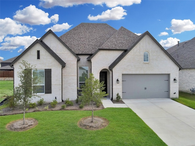 french country home featuring a garage and a front lawn