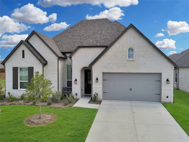 french country inspired facade with a front yard and a garage