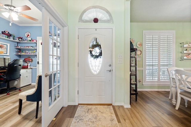 foyer entrance with ceiling fan, plenty of natural light, light hardwood / wood-style floors, and ornamental molding