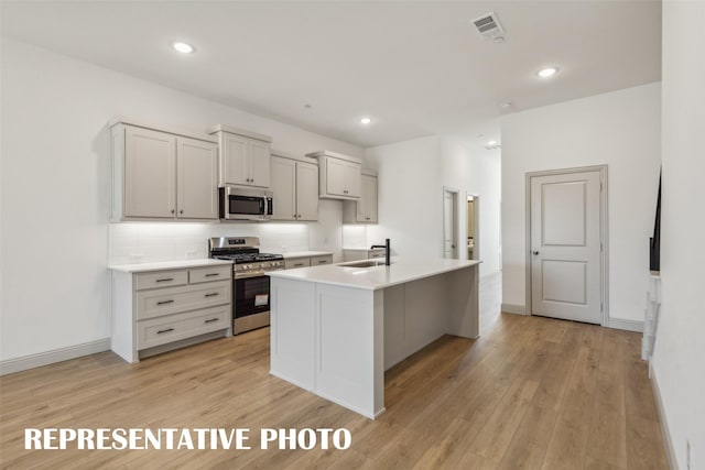 kitchen with sink, tasteful backsplash, a center island with sink, appliances with stainless steel finishes, and light wood-type flooring