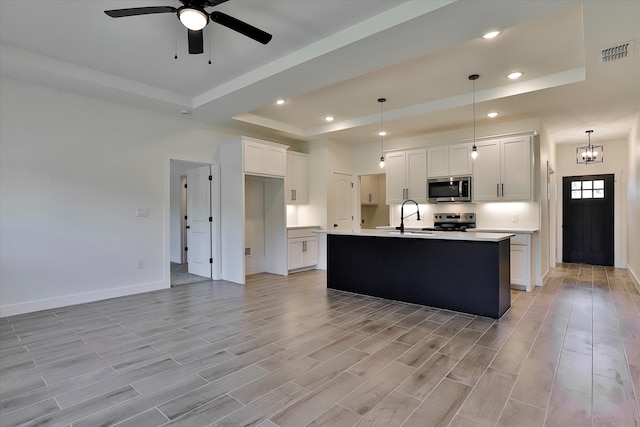 kitchen featuring ceiling fan with notable chandelier, light hardwood / wood-style flooring, appliances with stainless steel finishes, a kitchen island with sink, and white cabinets