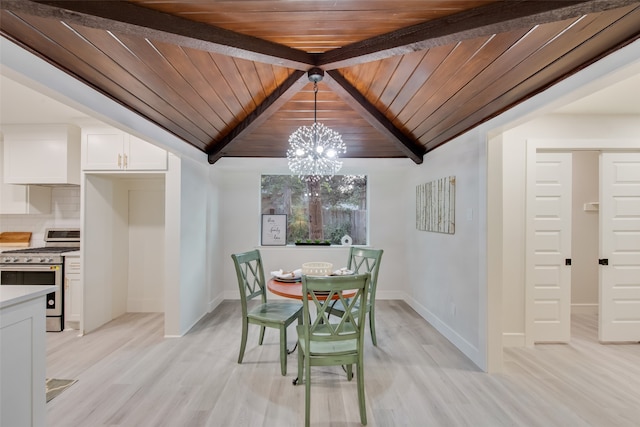 dining area with light hardwood / wood-style flooring, beamed ceiling, wooden ceiling, and a notable chandelier