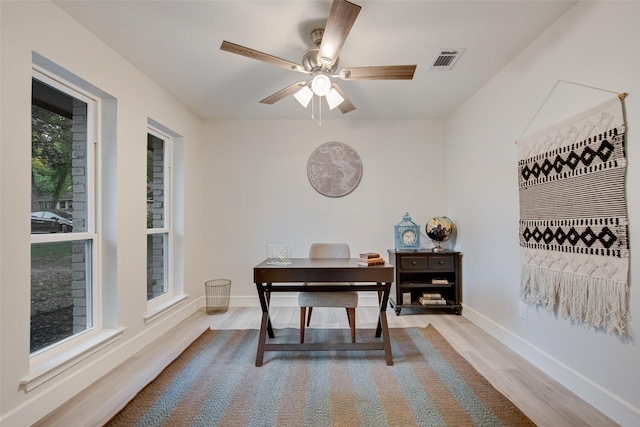 office space with ceiling fan and light wood-type flooring