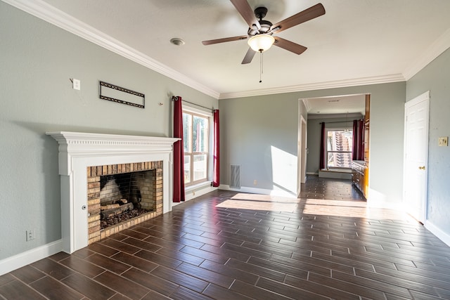 unfurnished living room featuring a fireplace, dark hardwood / wood-style flooring, and ceiling fan