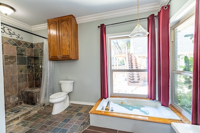 bathroom featuring independent shower and bath, crown molding, and toilet