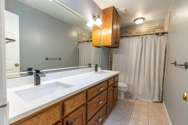 bathroom featuring tile patterned flooring, walk in shower, vanity, and toilet