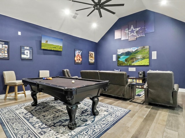 rec room featuring pool table, lofted ceiling, ceiling fan, and hardwood / wood-style flooring