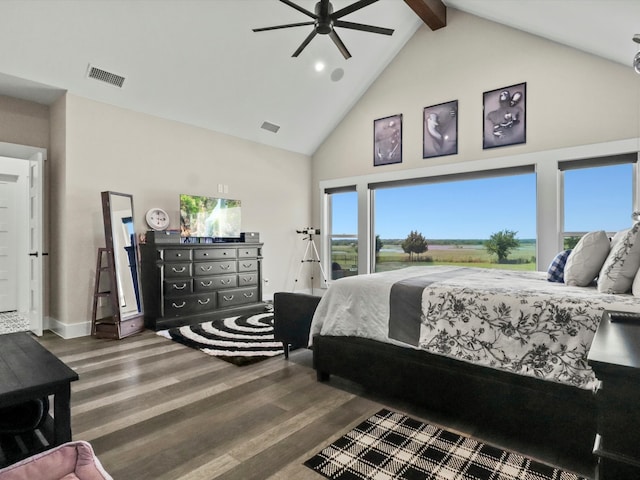 bedroom featuring high vaulted ceiling, beam ceiling, ceiling fan, and dark hardwood / wood-style floors