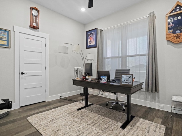 home office featuring dark hardwood / wood-style flooring