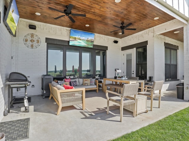 view of patio / terrace featuring grilling area, outdoor lounge area, and ceiling fan