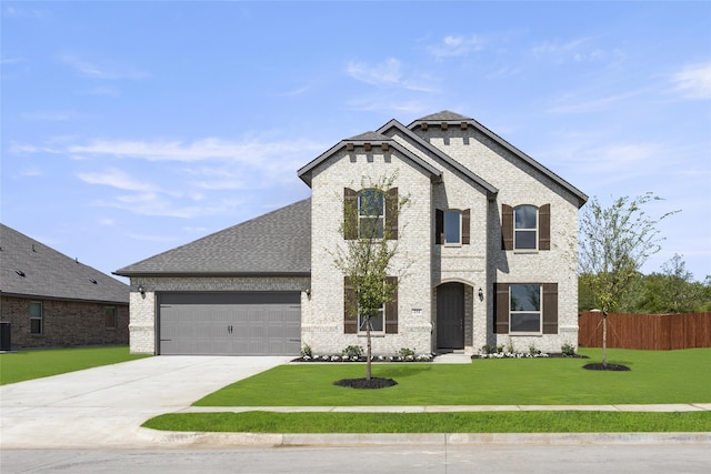 french country style house featuring central AC unit, a front yard, and a garage