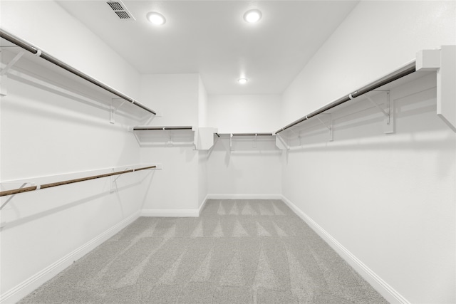 spacious closet featuring light colored carpet