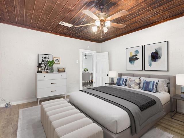 bedroom featuring ceiling fan, light hardwood / wood-style flooring, and wooden ceiling