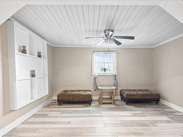 sitting room featuring ceiling fan, ornamental molding, wood ceiling, and light wood-type flooring