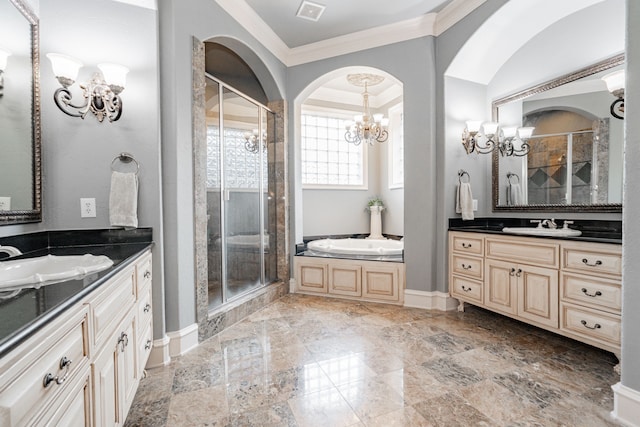 bathroom featuring an inviting chandelier, vanity, plus walk in shower, and ornamental molding