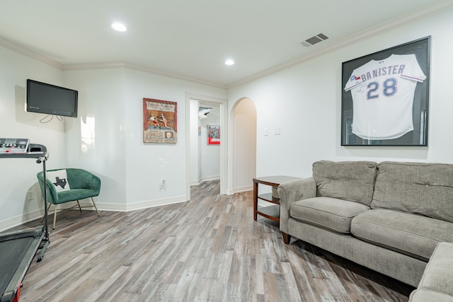 living room featuring ornamental molding and light hardwood / wood-style flooring