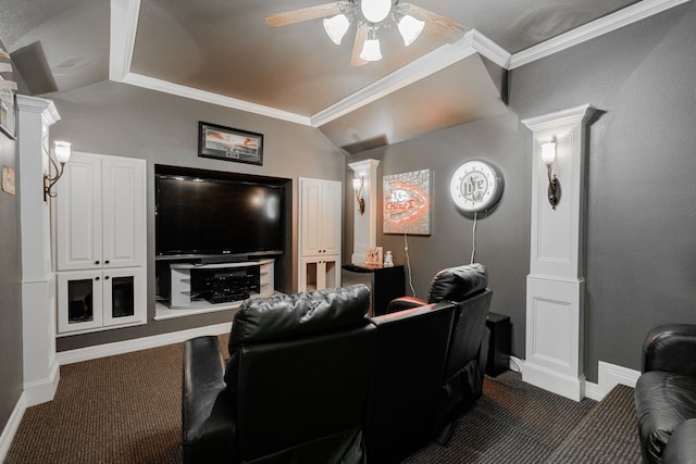 living room featuring ceiling fan, ornamental molding, lofted ceiling, and decorative columns