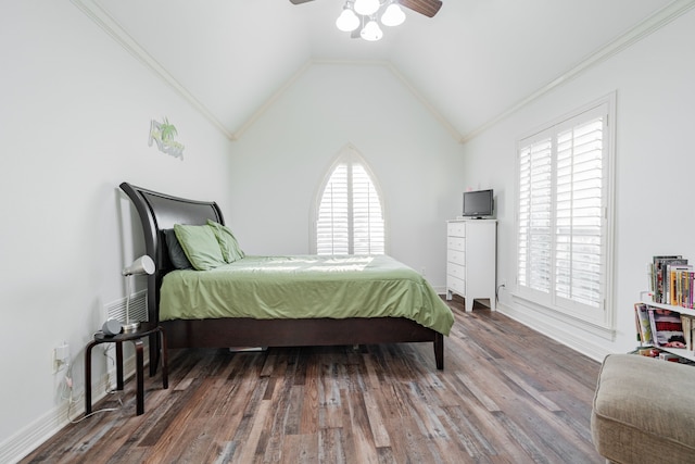 bedroom with ceiling fan, dark wood-type flooring, and multiple windows