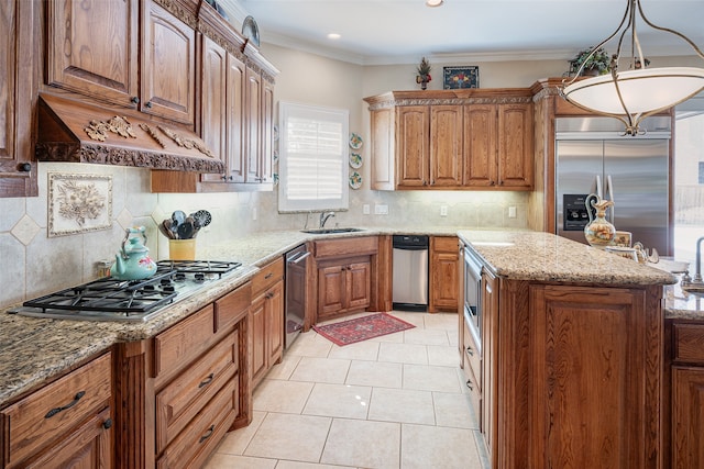 kitchen featuring premium range hood, light stone countertops, built in appliances, and a healthy amount of sunlight