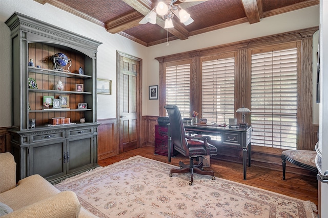 office area with crown molding, light hardwood / wood-style floors, ceiling fan, and beamed ceiling