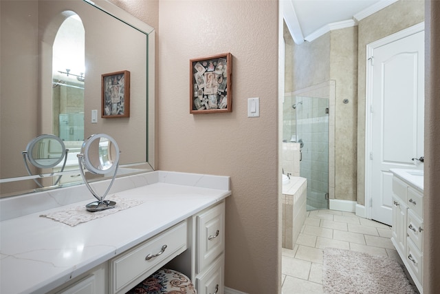 bathroom with vanity, plus walk in shower, crown molding, and tile patterned flooring