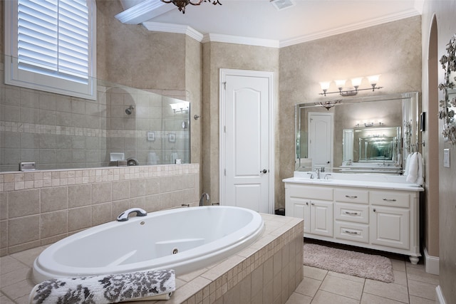 bathroom with plus walk in shower, tile patterned flooring, vanity, and crown molding