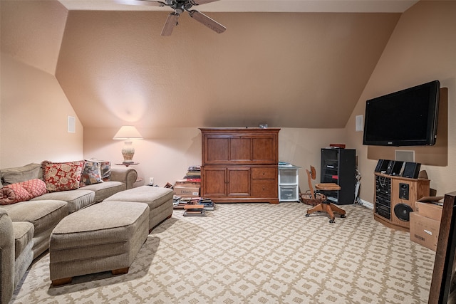 carpeted living room with lofted ceiling and ceiling fan