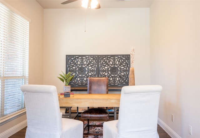 office space featuring ceiling fan and dark hardwood / wood-style floors