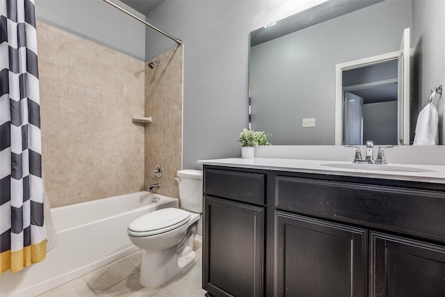 full bathroom featuring vanity, toilet, tile patterned floors, and shower / bathtub combination with curtain