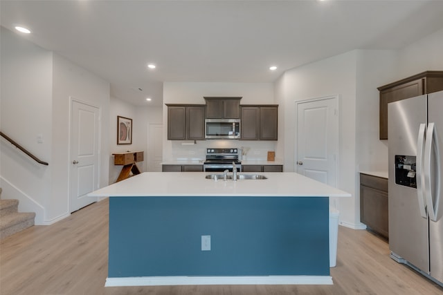 kitchen with light wood-type flooring, stainless steel appliances, an island with sink, and sink