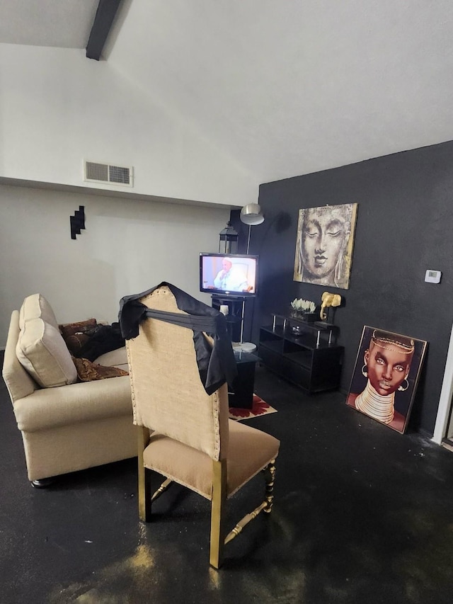 living room featuring lofted ceiling with beams