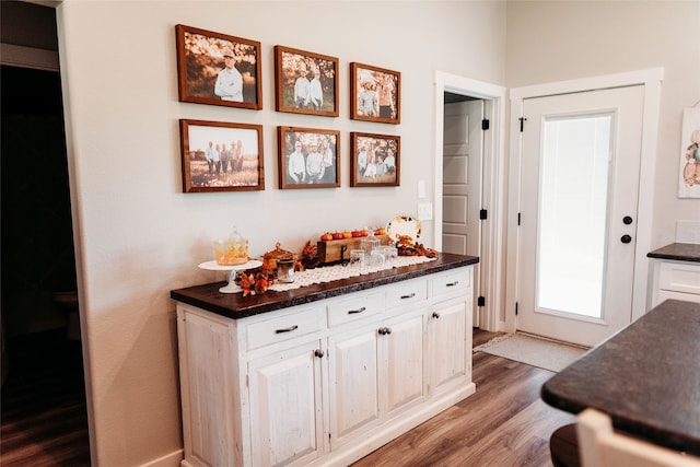 interior space featuring white cabinets and hardwood / wood-style flooring