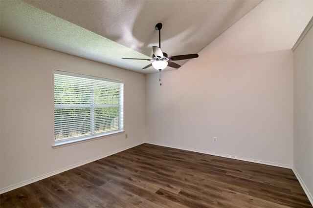 unfurnished room featuring a textured ceiling, ceiling fan, and dark hardwood / wood-style flooring