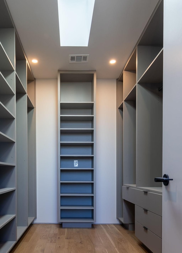 spacious closet featuring a skylight and light hardwood / wood-style flooring