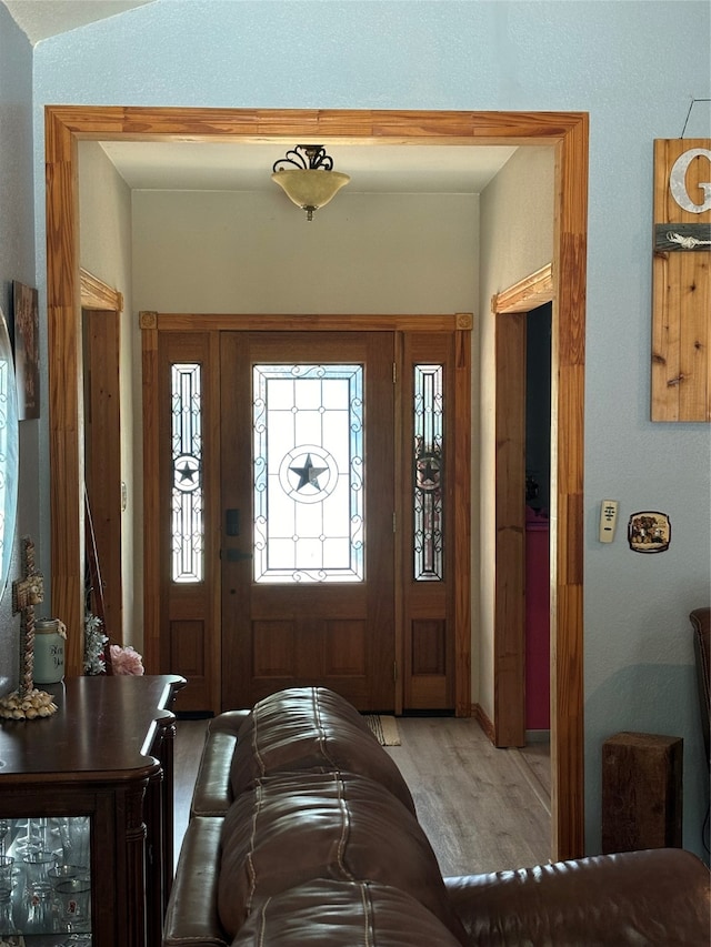 foyer entrance with wood-type flooring and lofted ceiling