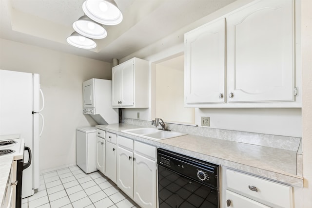 kitchen featuring sink, stacked washer and clothes dryer, black dishwasher, range with electric stovetop, and white cabinets