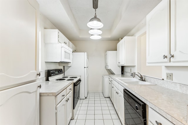 kitchen with range with electric stovetop, white cabinetry, black dishwasher, and pendant lighting