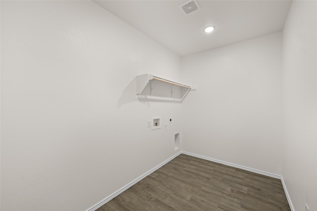 7701 Oakmeade St, Joshua, TX 76058 - laundry area with hookup for a washing machine, hookup for an electric dryer, baseboards, dark wood-style flooring, and recessed lighting