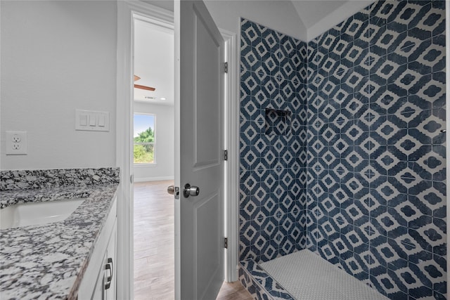 bathroom featuring hardwood / wood-style floors, walk in shower, and vanity