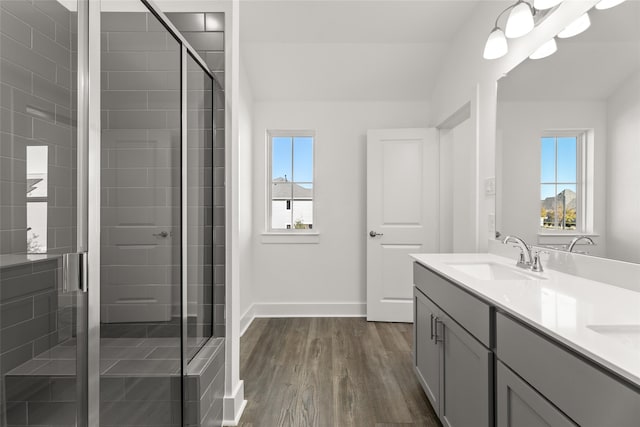 bathroom featuring hardwood / wood-style flooring, plenty of natural light, an enclosed shower, and vanity