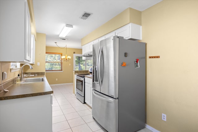 kitchen with pendant lighting, sink, white cabinetry, stainless steel appliances, and an inviting chandelier