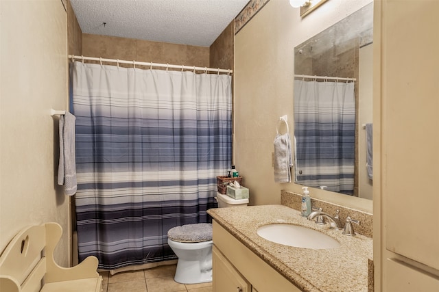 bathroom with tile patterned flooring, a textured ceiling, a shower with curtain, vanity, and toilet