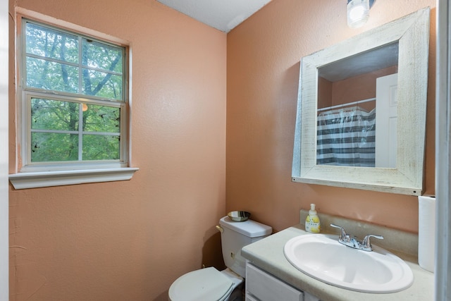 bathroom with vanity, toilet, and curtained shower