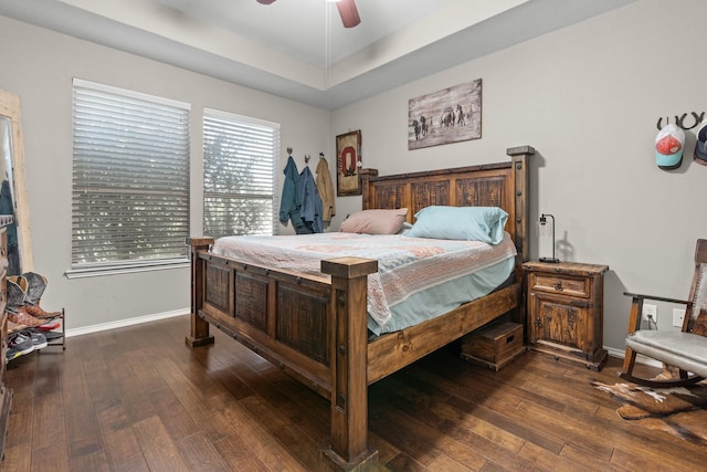 9433 Drovers View Trl, Fort Worth, TX 76131 - bedroom with a tray ceiling, ceiling fan, baseboards, and dark wood-type flooring