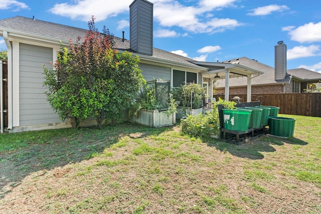 9433 Drovers View Trl, Fort Worth, TX 76131 - rear view of house featuring a yard, a chimney, and fence